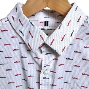 Crosby Howard Mens XL White F1 Racing Car Print Button Down Shirt Stretch Fabric